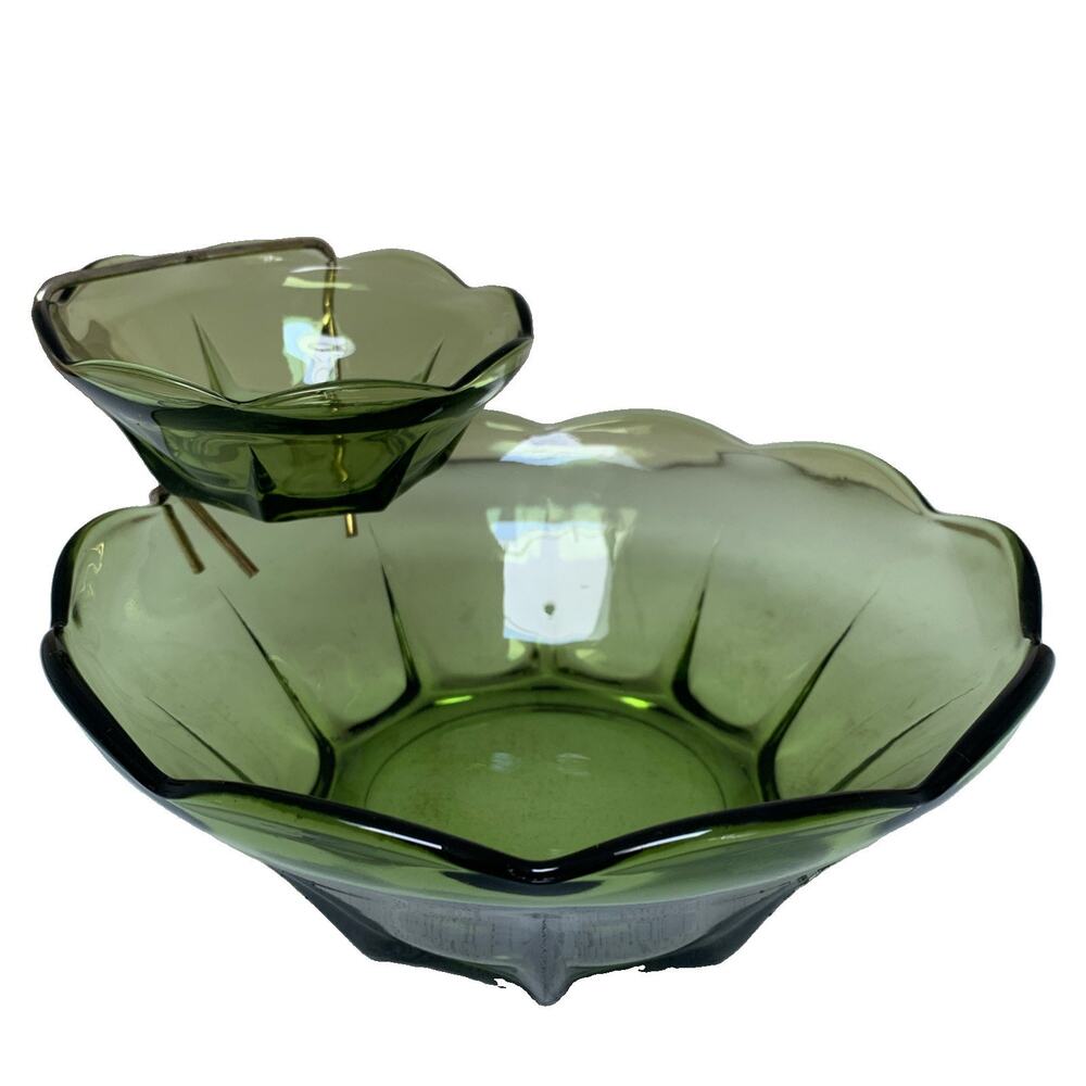 3 Piece Vintage Anchor Hocking Avocado Green Glass Chip and Dip Bowl Set